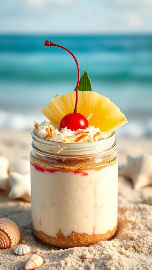 Tropical Coconut Cheesecake Jar with cherry and pineapple on a beach background