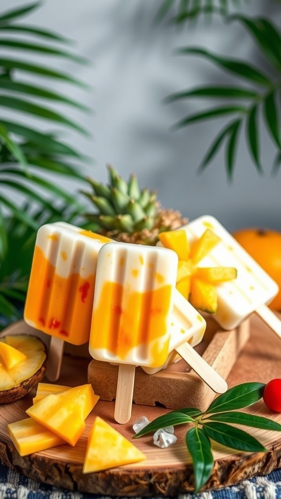 Tropical Coconut Yogurt Popsicles with pineapple and mango