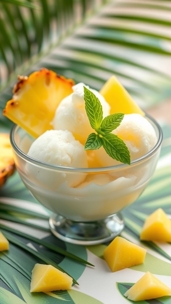A bowl of pineapple coconut sorbet garnished with mint leaves, surrounded by fresh pineapple chunks and tropical leaves.