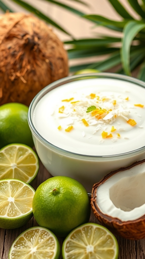 A bowl of Coconut Lime Pudding surrounded by limes and a coconut shell.