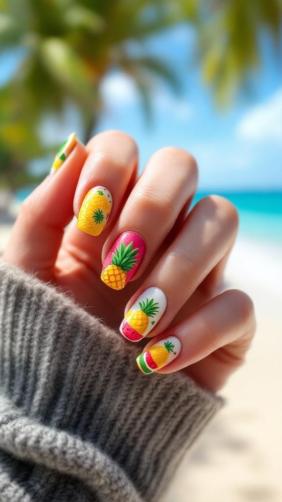 A hand with tropical fruit nail designs featuring pineapples and watermelons, set against a beach background.