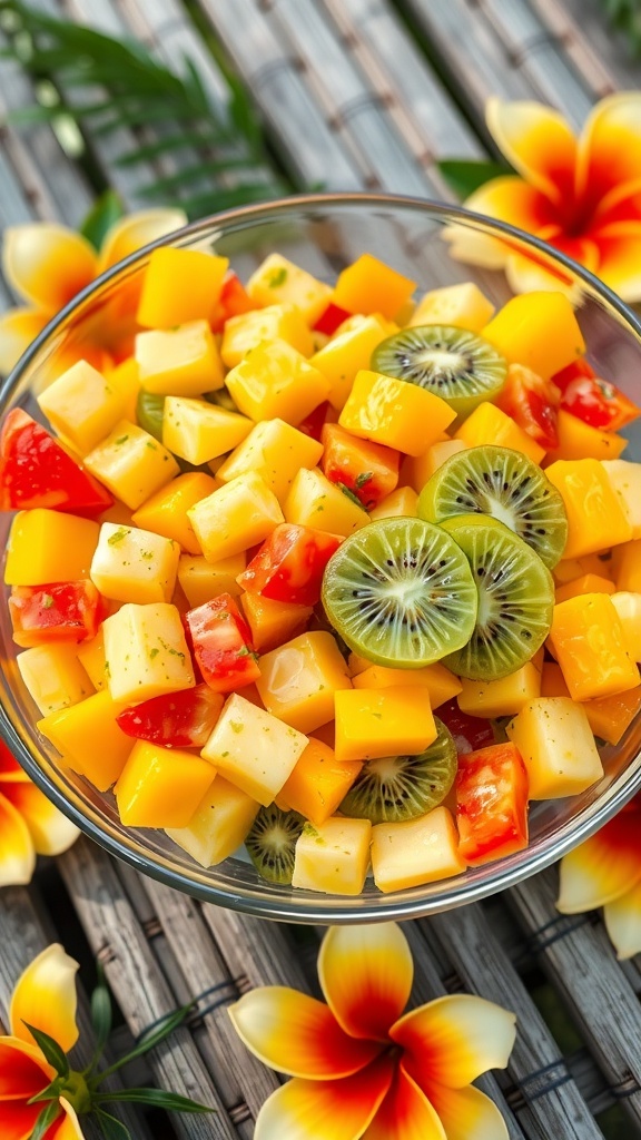 A vibrant tropical fruit salad with mango, kiwi, and strawberries in a glass bowl, garnished with fresh mint.