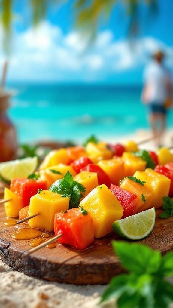Colorful tropical fruit skewers with lime drizzle on a wooden platter, set against a beach background.