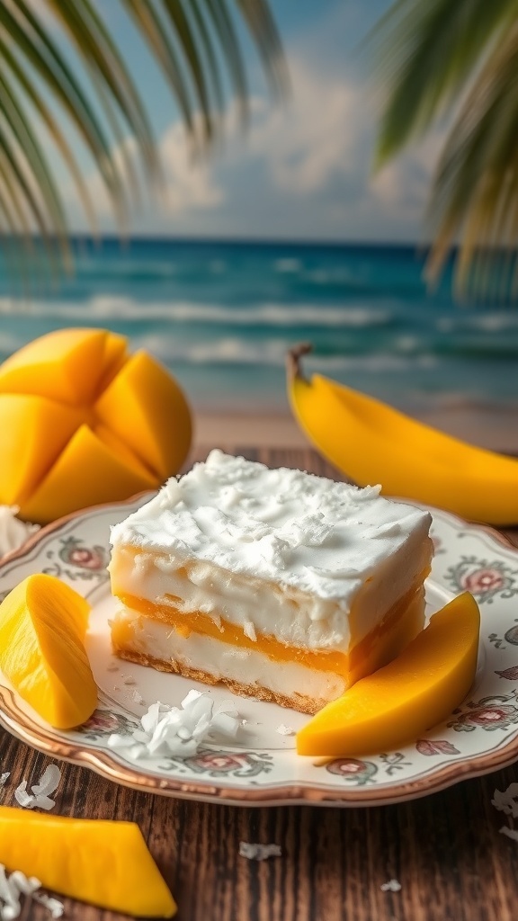 Tropical mango coconut bars on a plate with fresh mango slices and a beach background