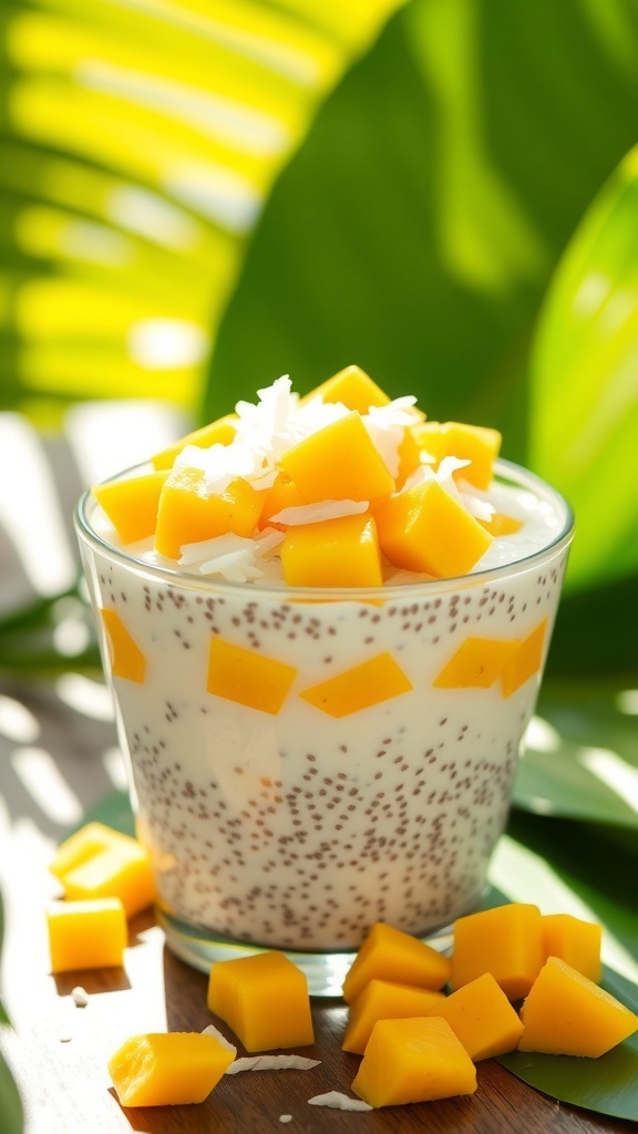 A glass of tropical mango coconut chia pudding topped with fresh mango and coconut flakes.