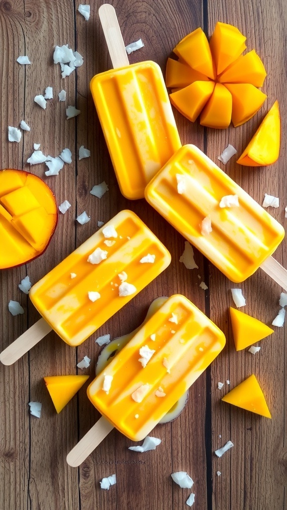 Tropical mango coconut popsicles on a wooden surface with fresh mango and coconut pieces.
