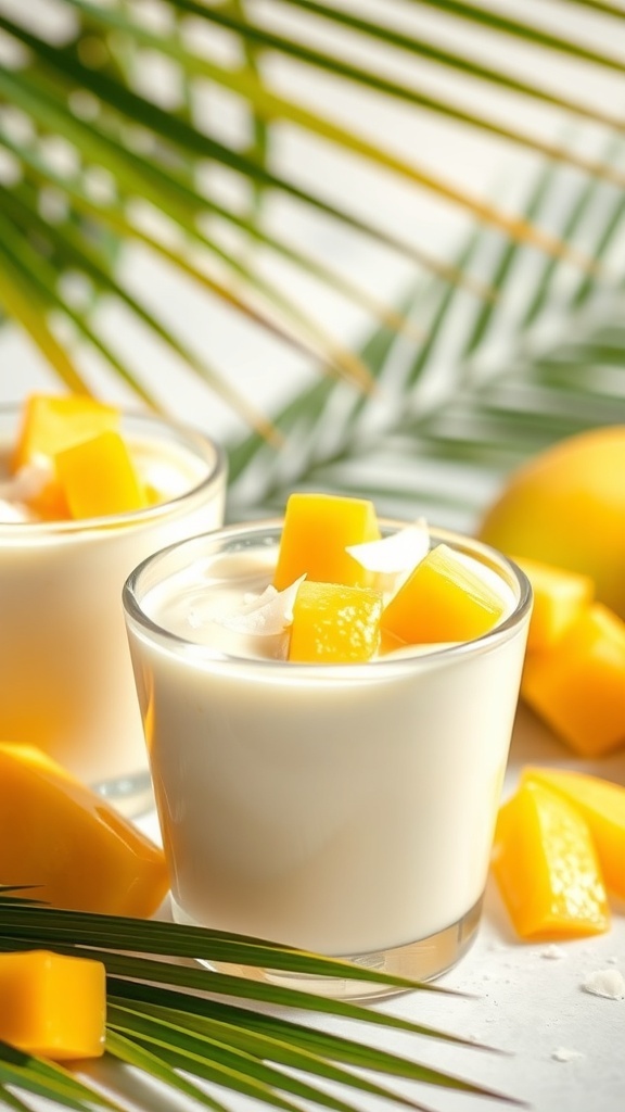 A delicious tropical mango coconut pudding served in a glass, garnished with fresh mango pieces and surrounded by palm leaves.