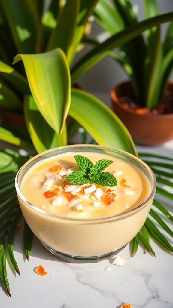 A bowl of tropical mango coconut pudding garnished with mint and coconut flakes, surrounded by green plants.