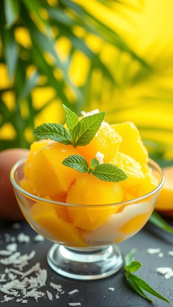 A bowl of tropical mango coconut sorbet garnished with mint leaves, with a bright yellow background.