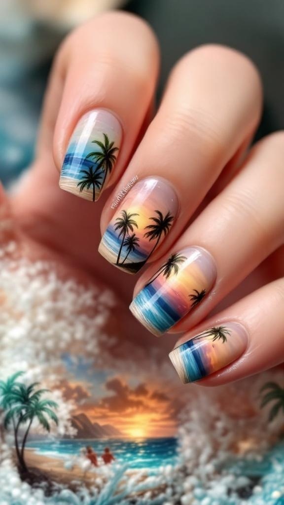 A serene beach scene with a palm tree and a colorful sunset over the ocean.