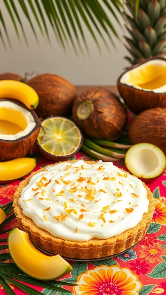 A tropical no-bake coconut cream pie surrounded by coconuts and tropical fruits.