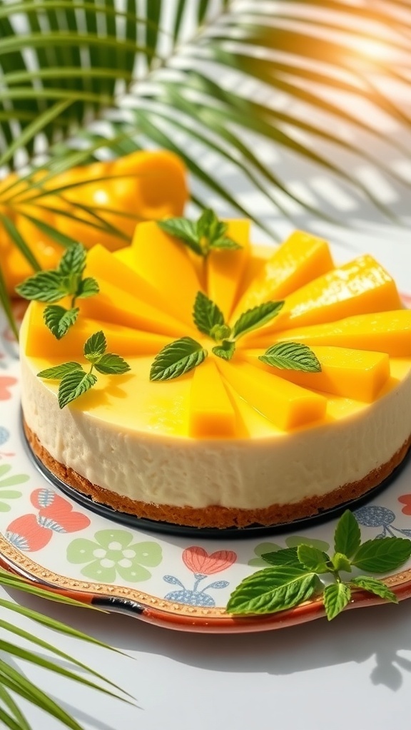 A tropical no-bake mango cheesecake topped with mango slices and mint leaves, set against a backdrop of green palm leaves.