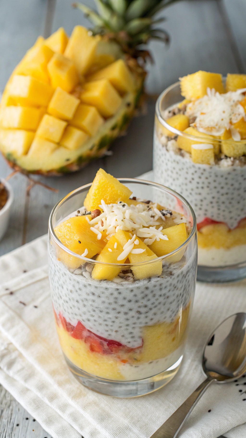 Chia pudding layered with coconut and pineapple, garnished with fresh fruit.