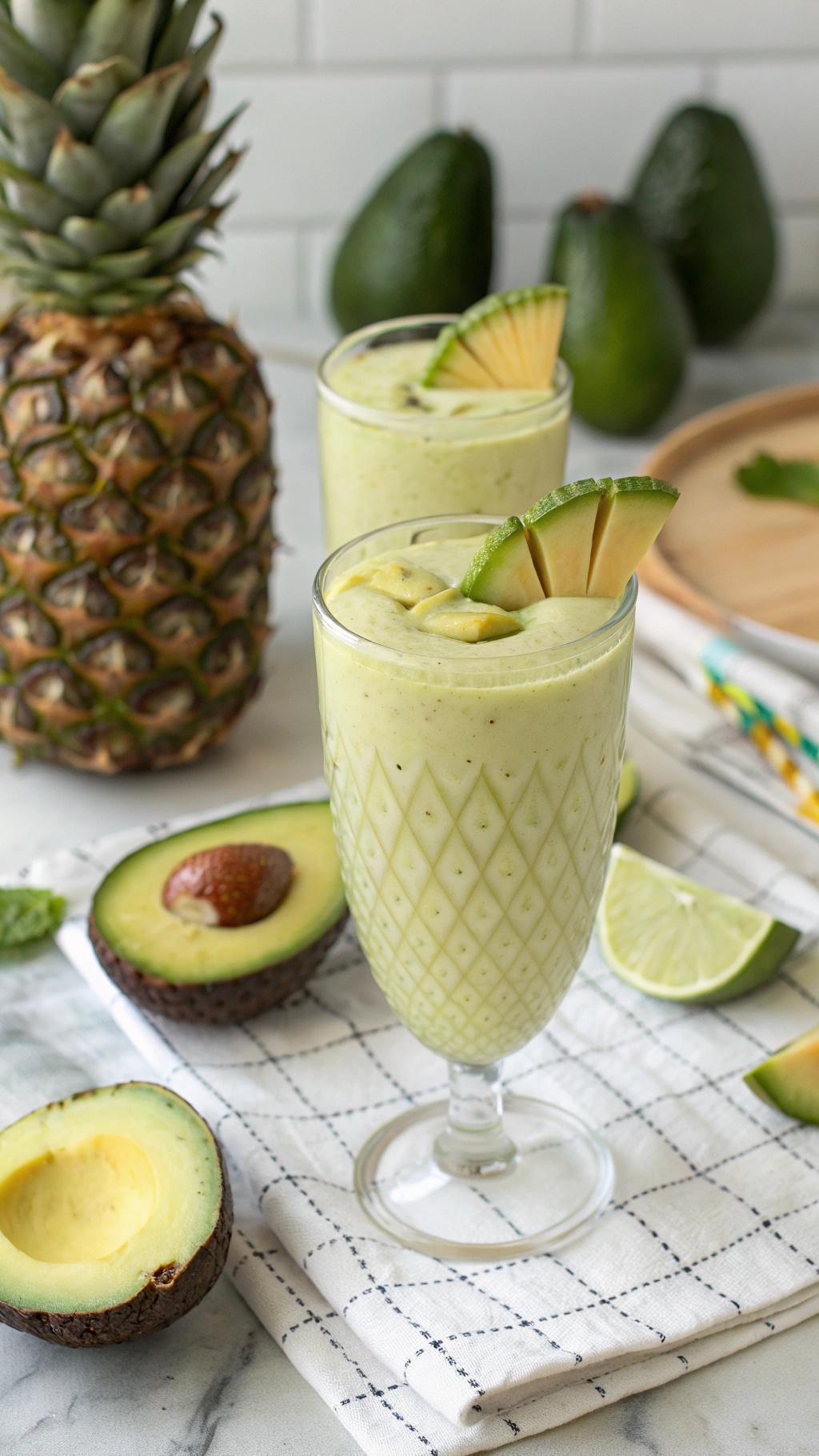 A refreshing Tropical Pineapple Avocado Smoothie served in elegant glasses, garnished with pineapple slices and lime, with a whole pineapple and ripe avocados in the background.