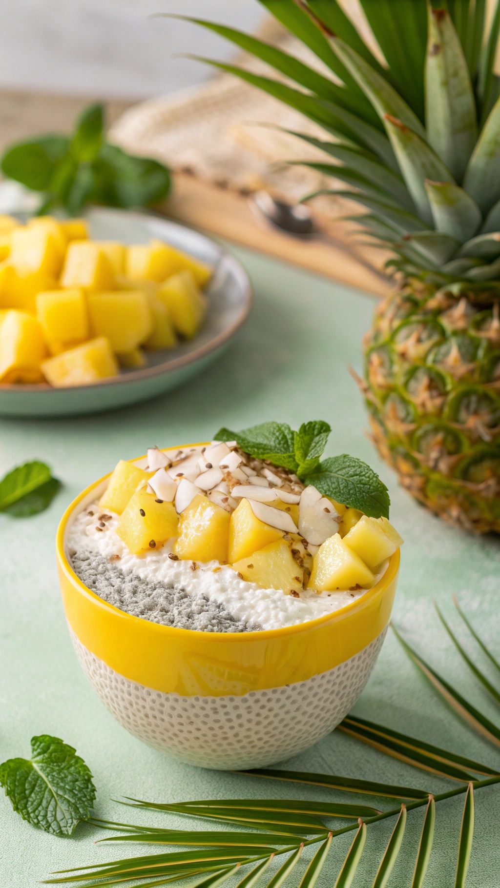 A vibrant Tropical Pineapple Coconut Chia Bowl with diced pineapple, coconut flakes, and mint leaves.