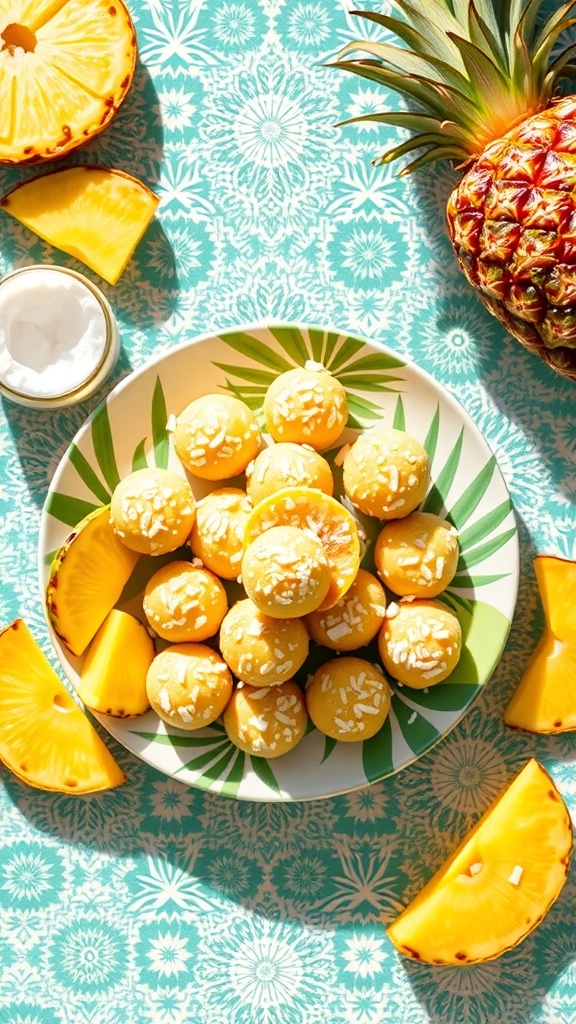A plate of Tropical Pineapple Coconut Energy Bites surrounded by fresh pineapple slices and shredded coconut.