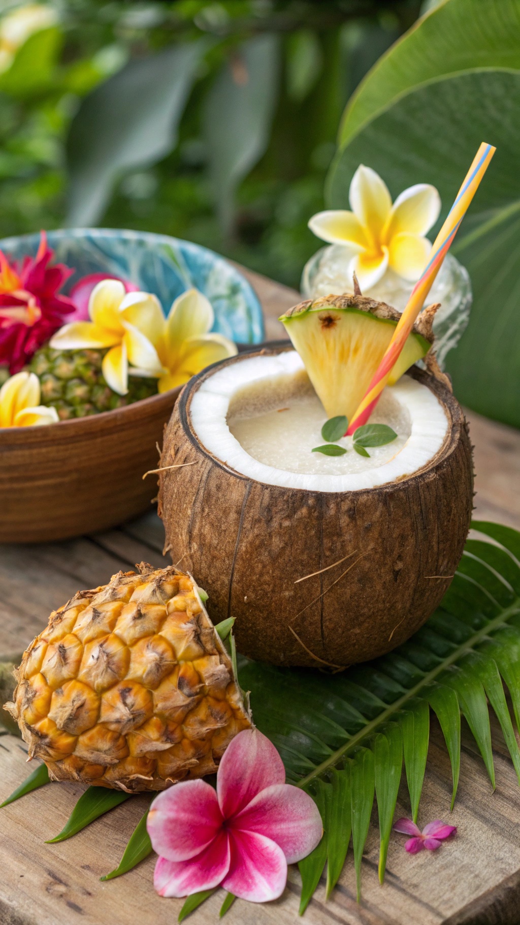 A tropical pineapple coconut skinny margarita served in a coconut shell, garnished with pineapple and mint.