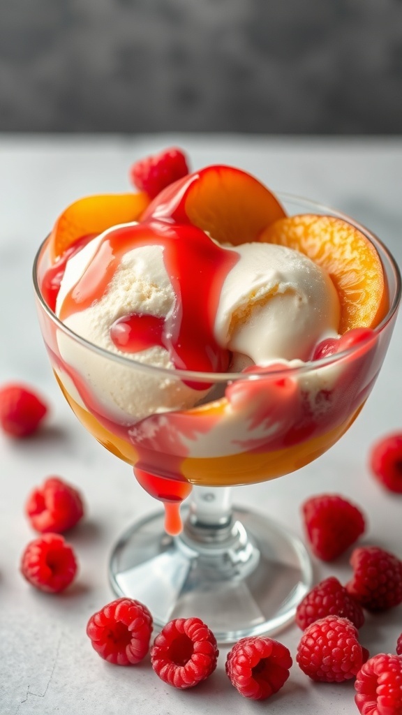 A glass of Peach Melba dessert with vanilla ice cream, peach slices, raspberry sauce, and fresh raspberries.