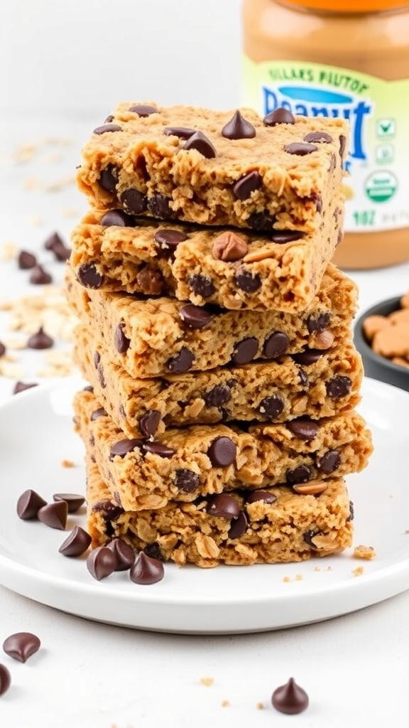 Peanut butter chocolate chip granola bars stacked on a plate with chocolate chips scattered around.