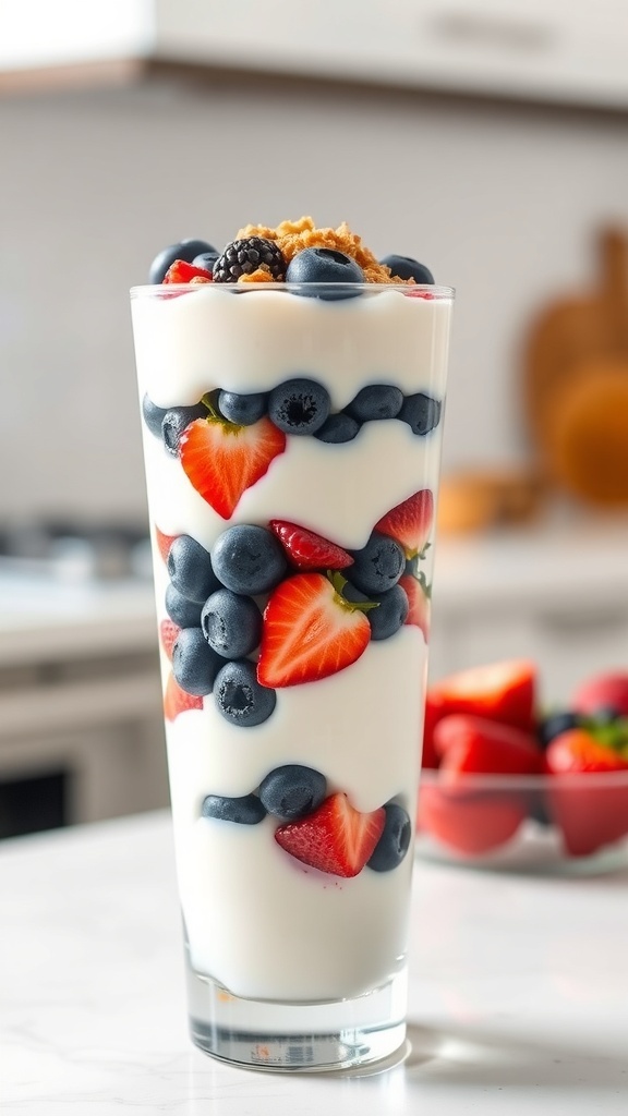 A refreshing keto berry parfait with layers of yogurt and fresh berries.