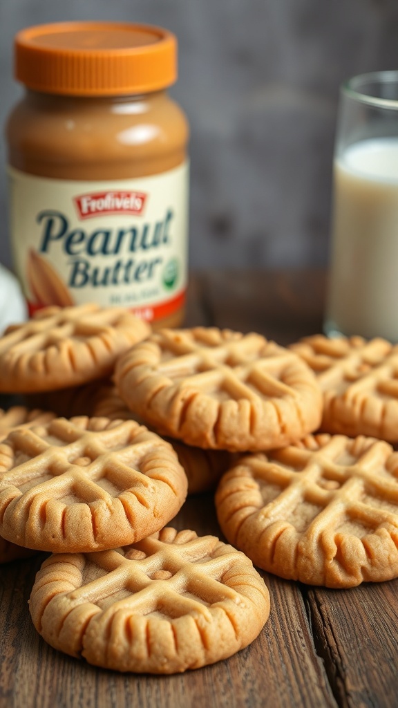 A plate of freshly baked peanut butter cookies with a jar of peanut butter and a glass of milk.