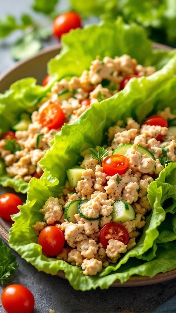 A plate of tuna salad lettuce wraps filled with diced cucumbers and cherry tomatoes.