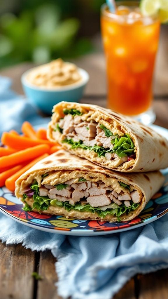 A turkey and hummus pita sandwich with fresh greens and carrot sticks on a colorful plate.