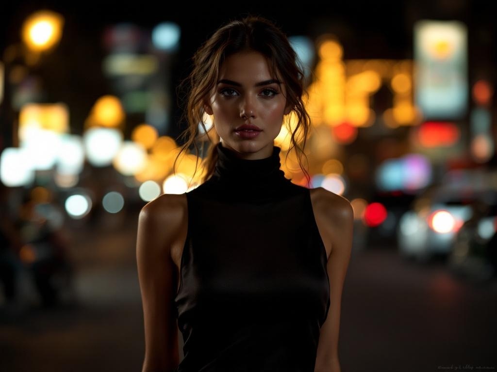 A woman wearing a turtleneck under a slip dress, standing in a city at night with blurred lights in the background.