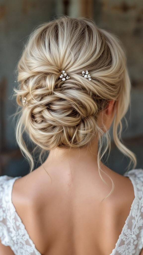A stylish twist and pin updo hairstyle with delicate hair accessories.