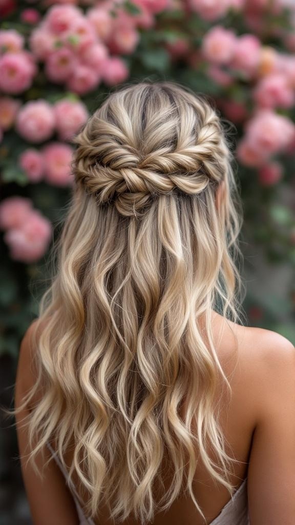 A woman with a twisted half-up hairstyle, showcasing soft waves and a floral background.