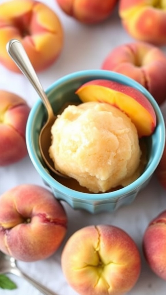 A bowl of peach sorbet surrounded by fresh peaches, showcasing a refreshing low-carb dessert.