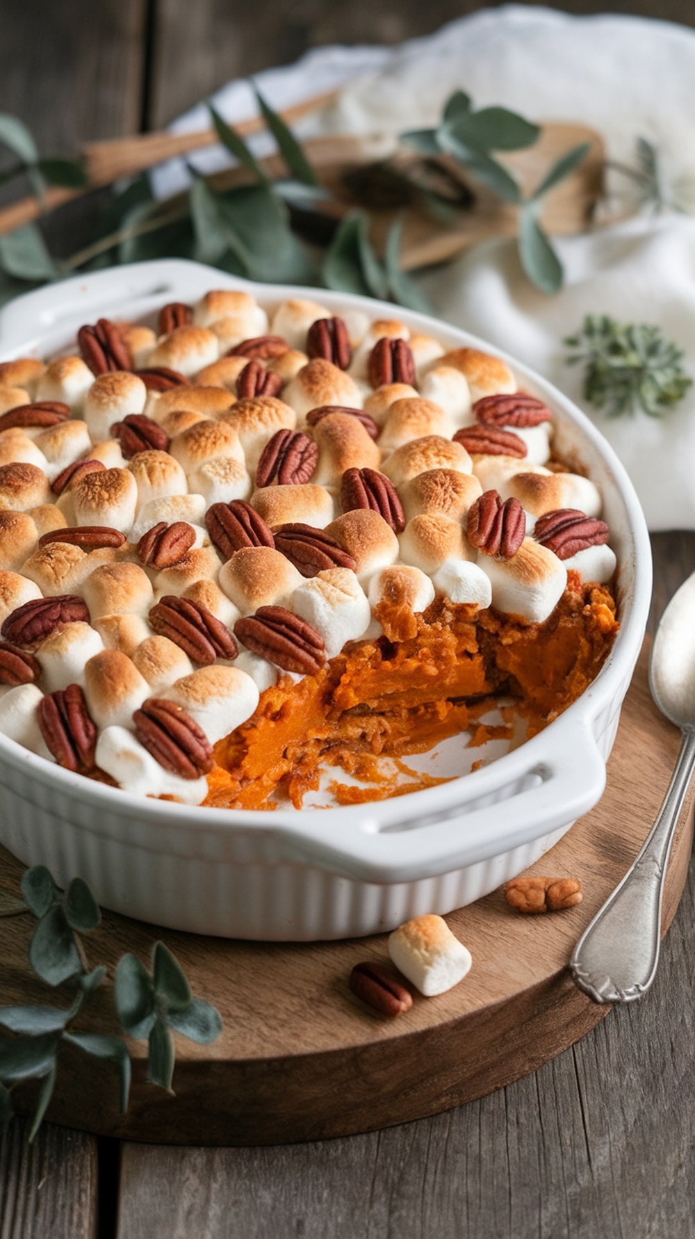 A delicious sweet potato casserole with a crunchy topping, displayed on a rustic wooden table surrounded by pumpkins and autumn leaves.