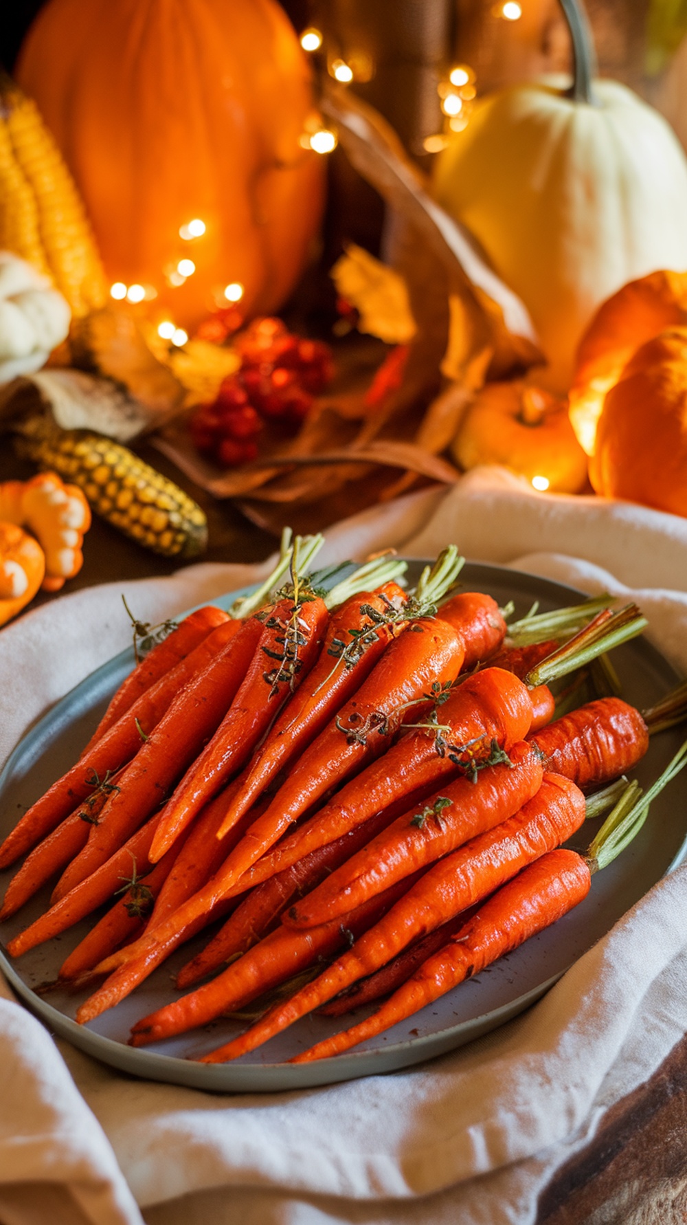 A plate of roasted carrots garnished with thyme, surrounded by autumn decorations.