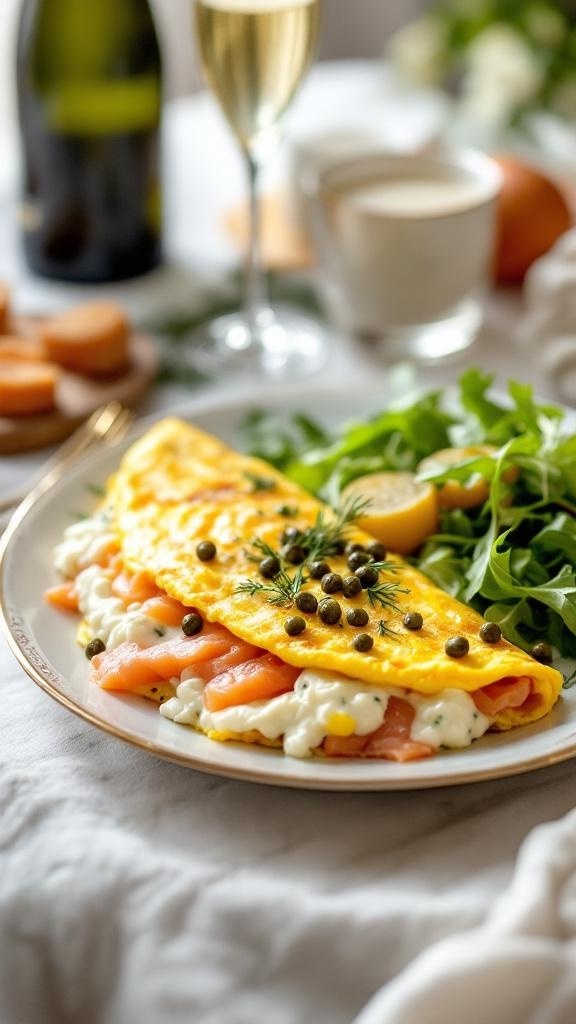 A delicious smoked salmon and cream cheese omelet served with arugula and lemon.