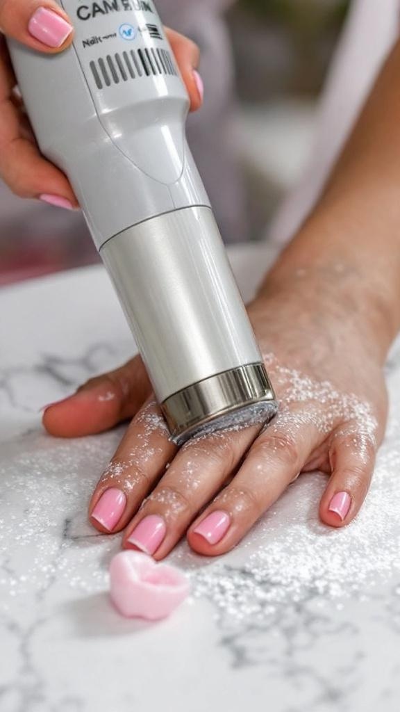 A close-up of a hand with pink nails applying a product, with a cozy background.