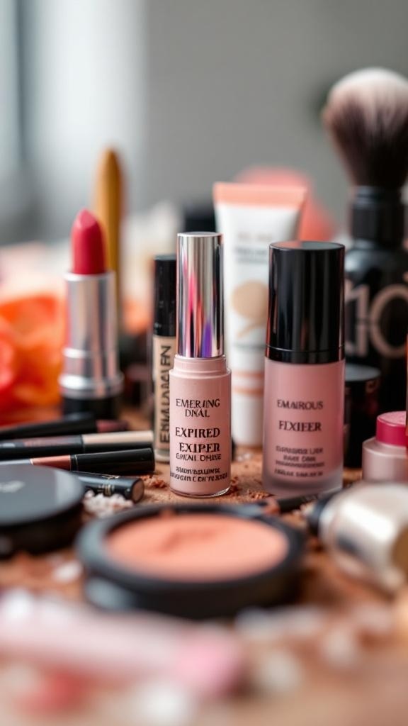 A collection of makeup products, some labeled as expired, including lipsticks, foundations, and powders.