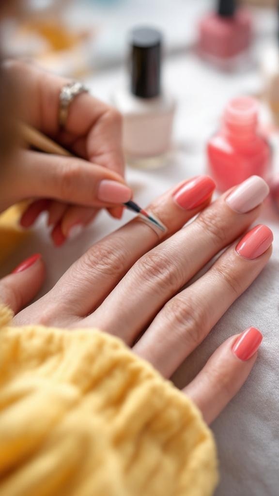A close-up of a hand applying nail polish with a bright pink shade, showcasing DIY nail art techniques using tape.