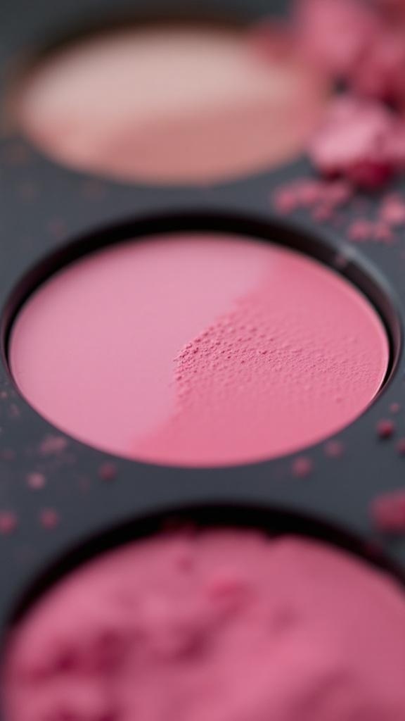 Close-up of a blush palette with various shades of pink.