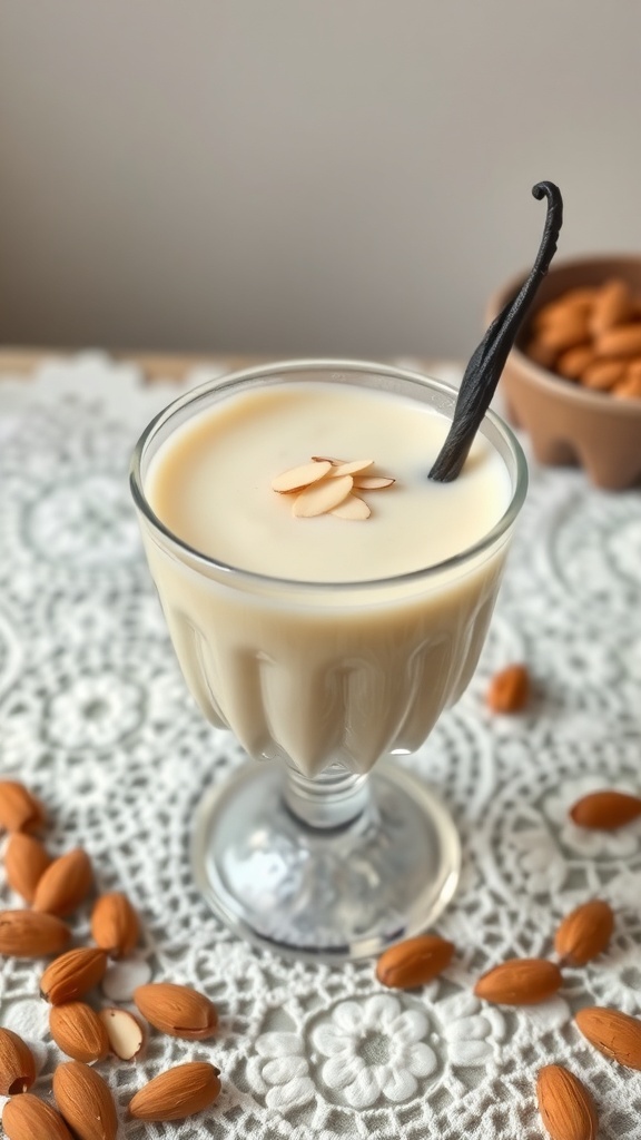 A cup of vanilla almond milk pudding topped with almond slices and a vanilla bean, surrounded by almonds.