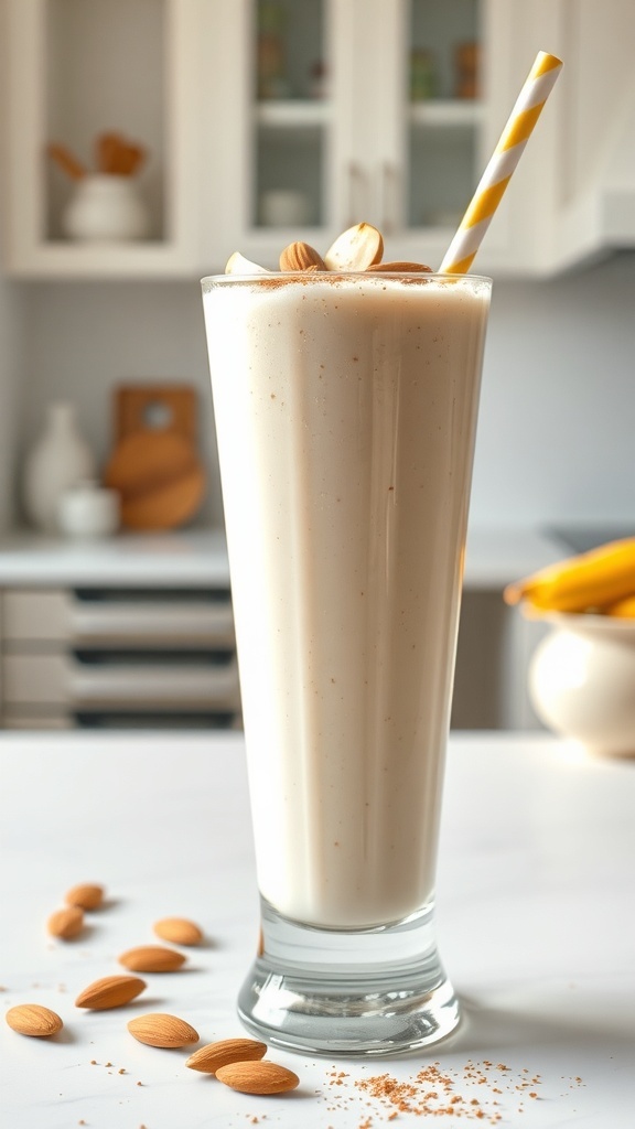 A tall glass of Vanilla Almond Protein Smoothie with almonds scattered around