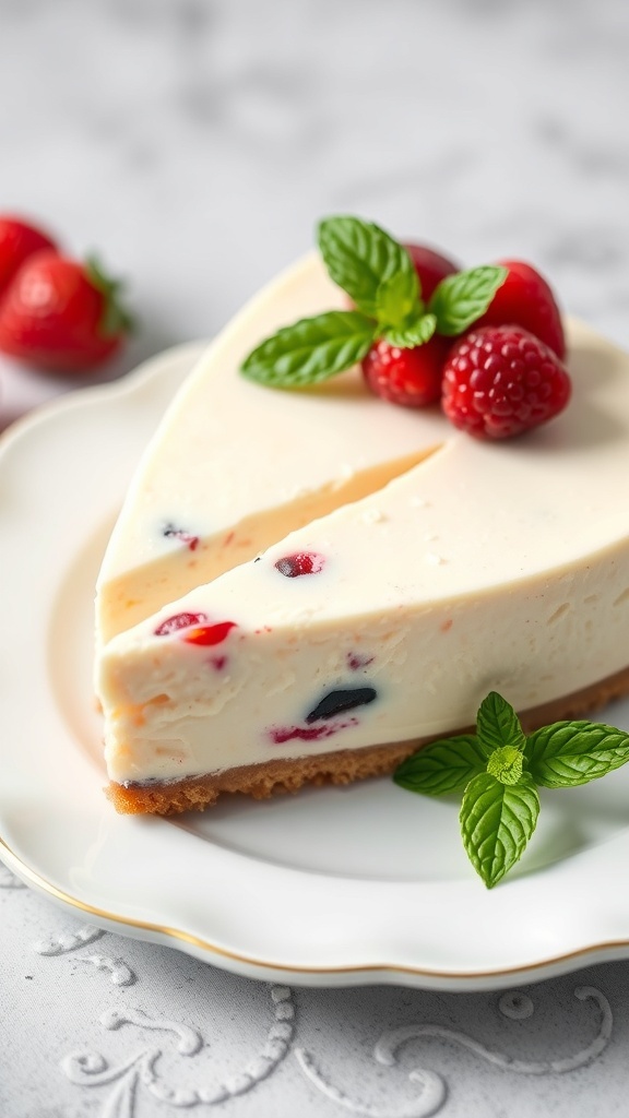 A slice of Vanilla Bean Keto Cheesecake on a plate, garnished with fresh berries and mint.