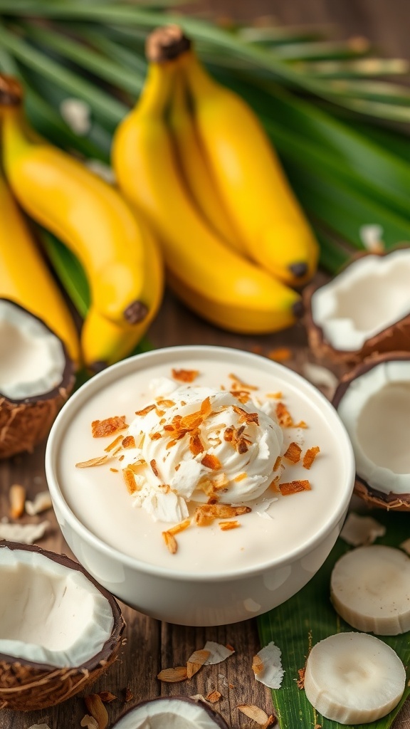 A bowl of vegan banana coconut pudding topped with toasted coconut, surrounded by fresh bananas and coconut shells.