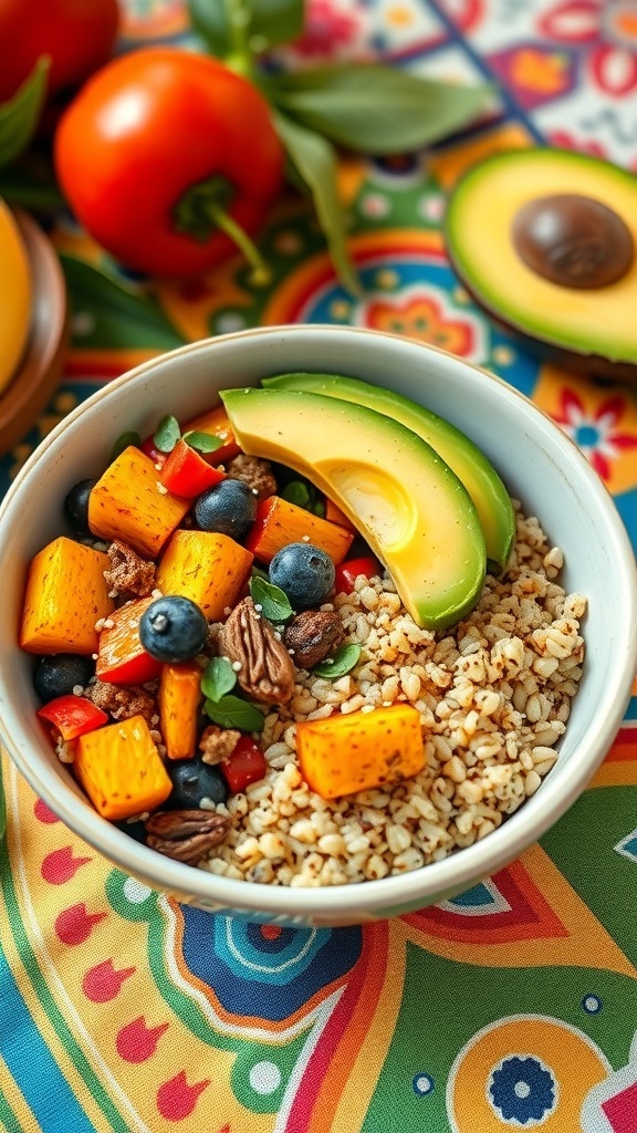 A colorful vegan breakfast bowl with quinoa, roasted sweet potatoes, avocado, and blueberries.