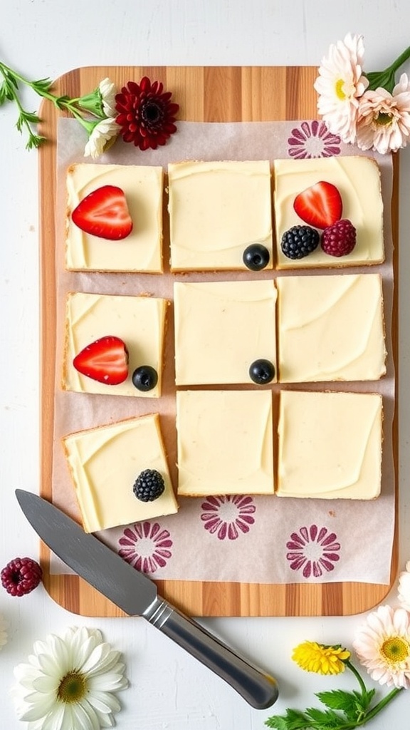Vegan cheesecake bars topped with fresh berries on a wooden board