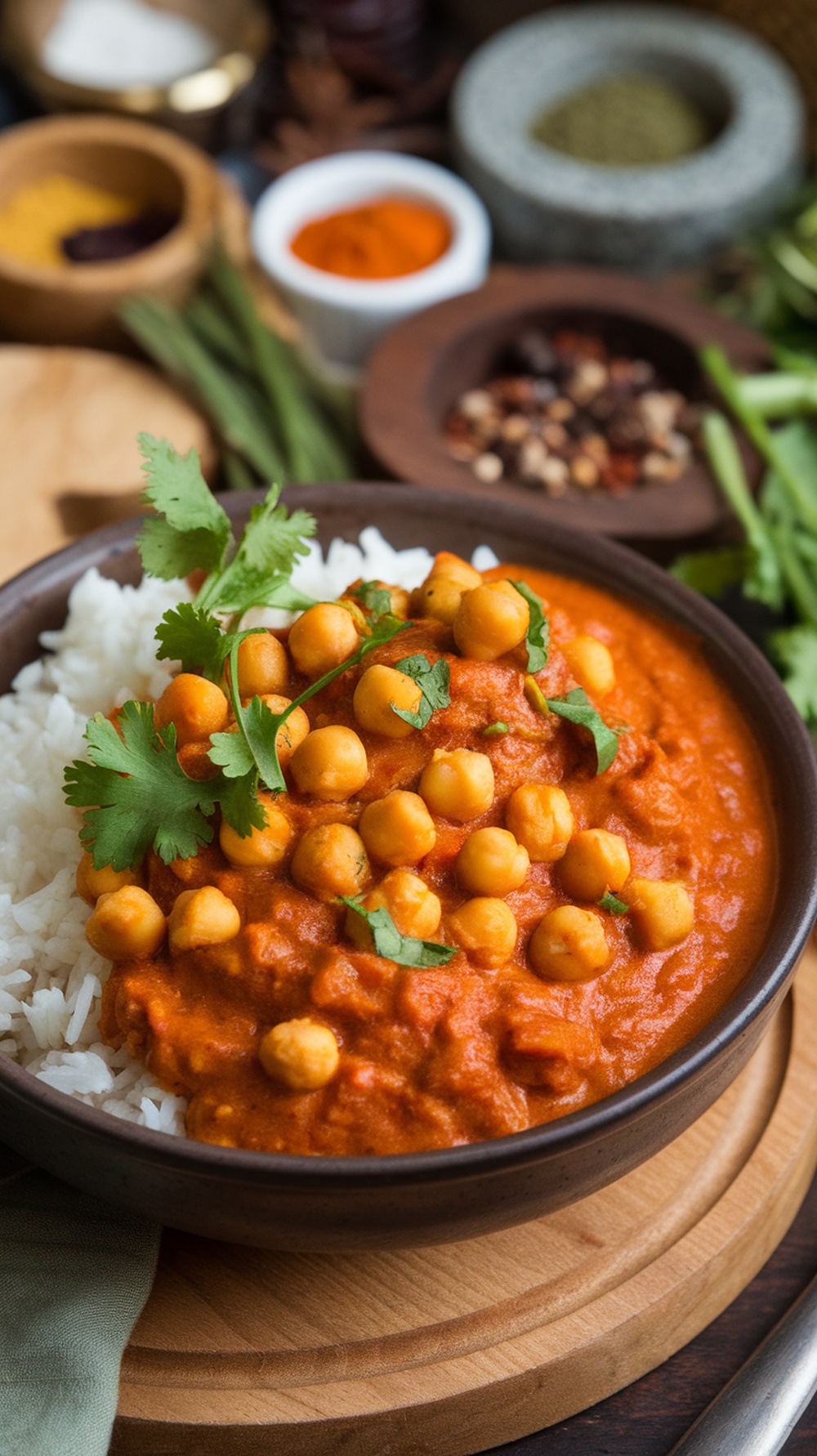 A bowl of vegan chickpea curry served over rice, garnished with cilantro, with various spices in the background.