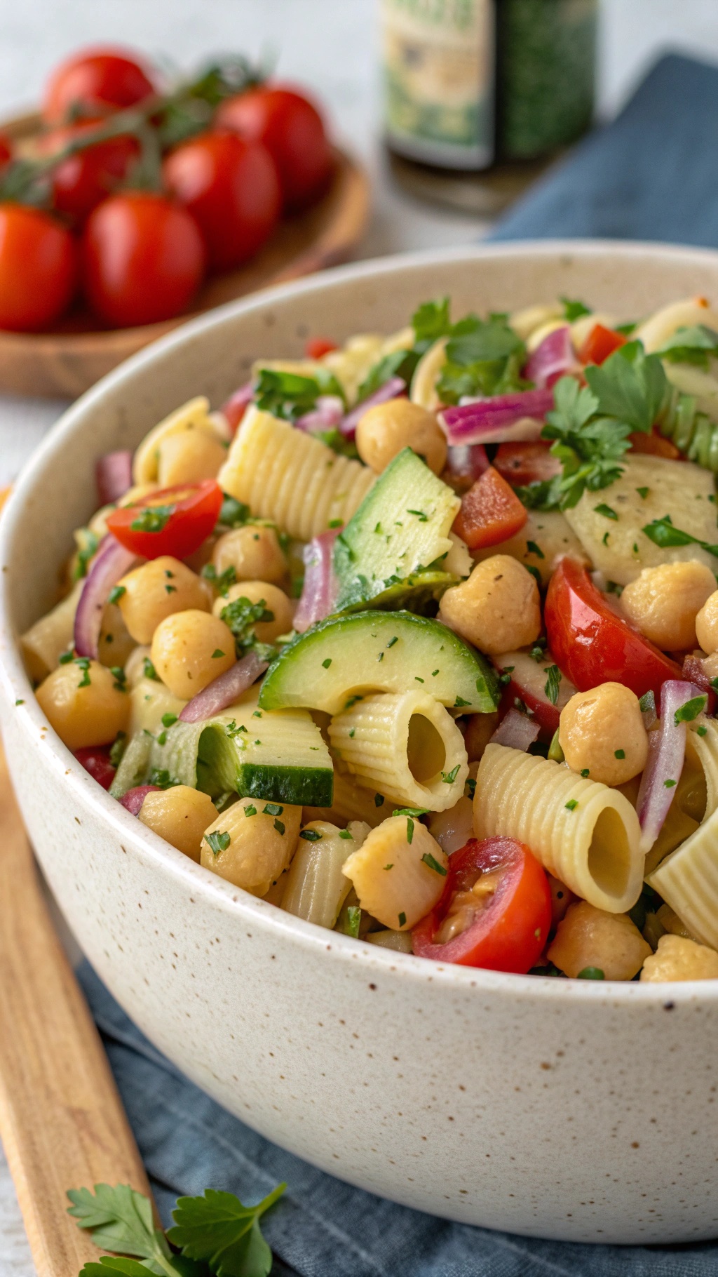 A colorful bowl of vegan chickpea pasta salad with fresh vegetables.