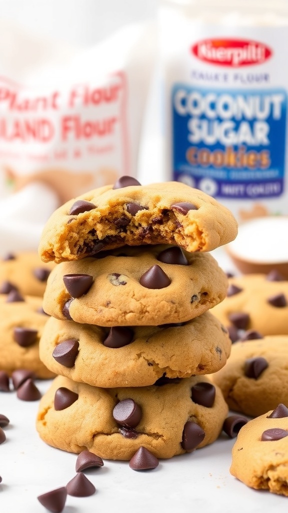 A stack of vegan chocolate chip cookies with chocolate chips scattered around.