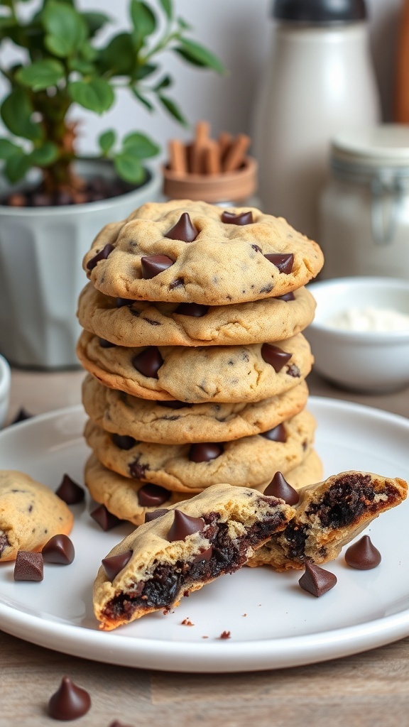 A stack of vegan chocolate chip cookies with chocolate chips on top and one cookie broken in half, revealing a gooey center.