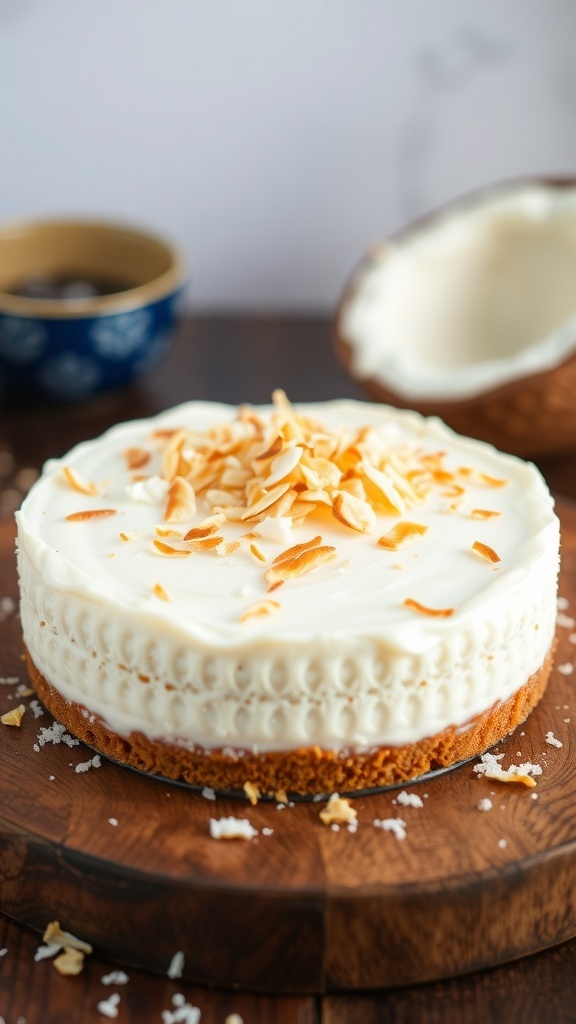 A vegan coconut no-bake cheesecake with a tropical beach background, garnished with shredded coconut.
