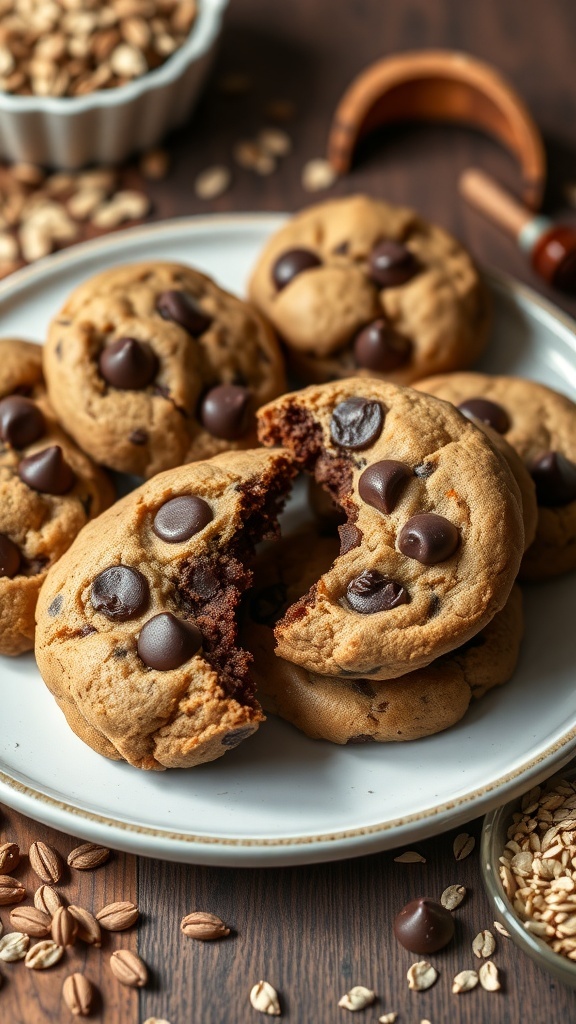 A plate of vegan chocolate chip cookies with chocolate chips on top, surrounded by oats and chocolate chips.